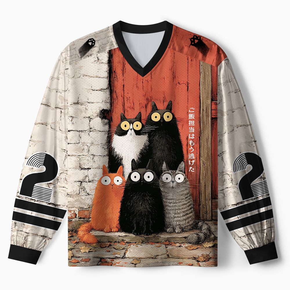 Kyoto-Lion Five Cats Waiting For Dinner Paneled Long Sleeve Jersey