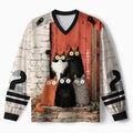Kyoto-Lion Five Cats Waiting For Dinner Paneled Long Sleeve Jersey