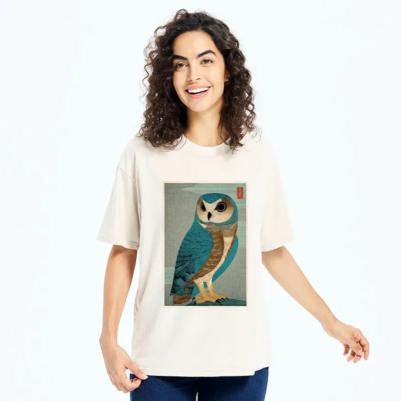 Kyoto-Lion Vintage Owl Woodblock Art Washed T-Shirt