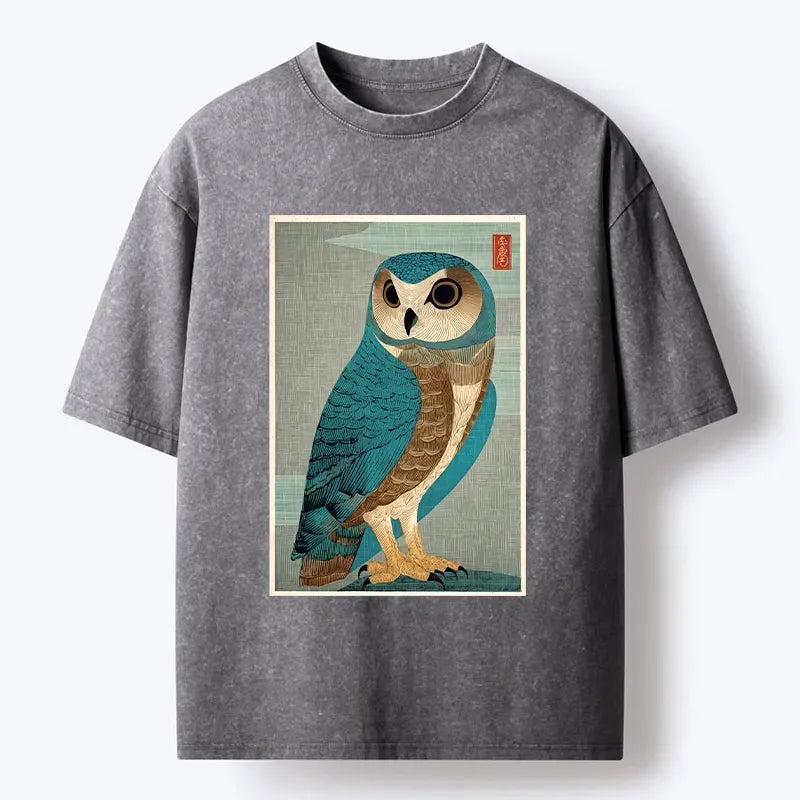 Kyoto-Lion Vintage Owl Woodblock Art Washed T-Shirt