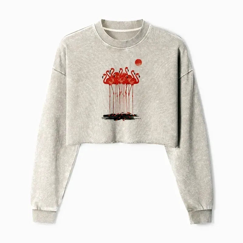 Kyoto-Lion Flamingos at Dusk Washed Crop Sweatshirt