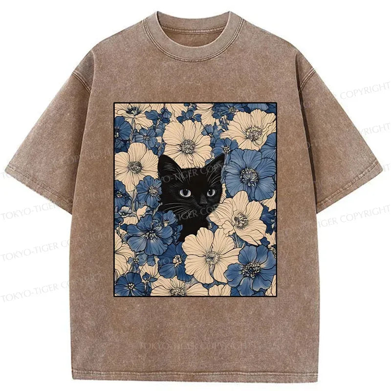 Kyoto-Lion Cat In The Flowers Washed T-Shirt