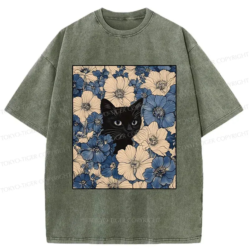Kyoto-Lion Cat In The Flowers Washed T-Shirt