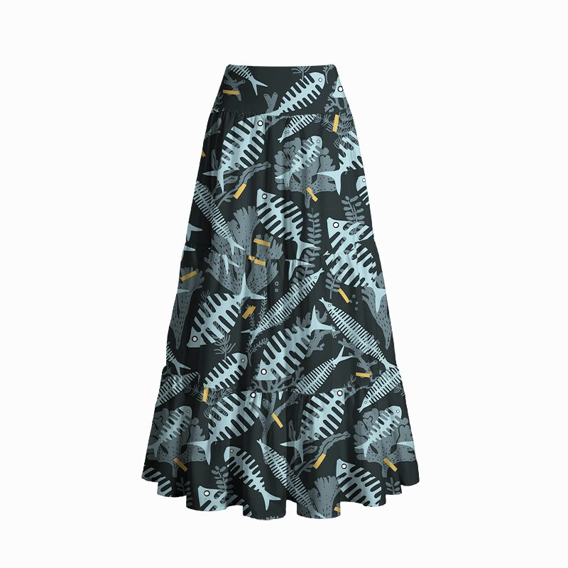 Kyoto-Lion Marine Fish Bones Maxi Skirt
