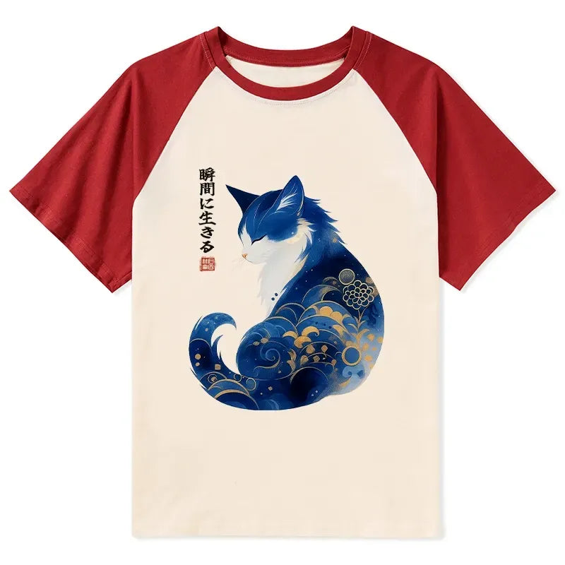 Retro Zen Cat Raglan T-Shirt for Daily Wear