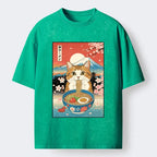 Kyoto-Lion Funny Orange Cat Eating Ramen Japan Washed T-Shirt