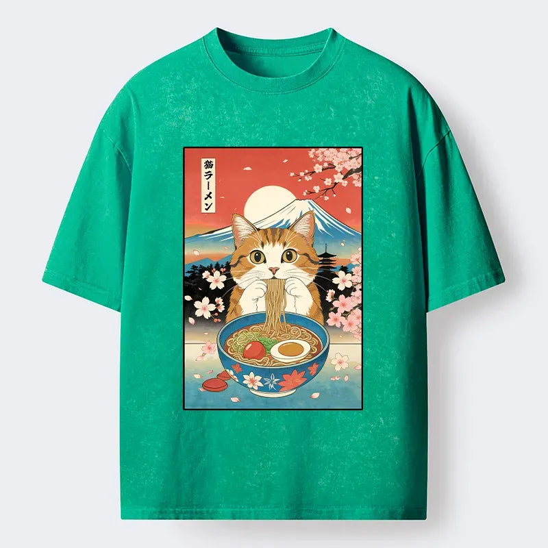 Kyoto-Lion Funny Orange Cat Eating Ramen Japan Washed T-Shirt