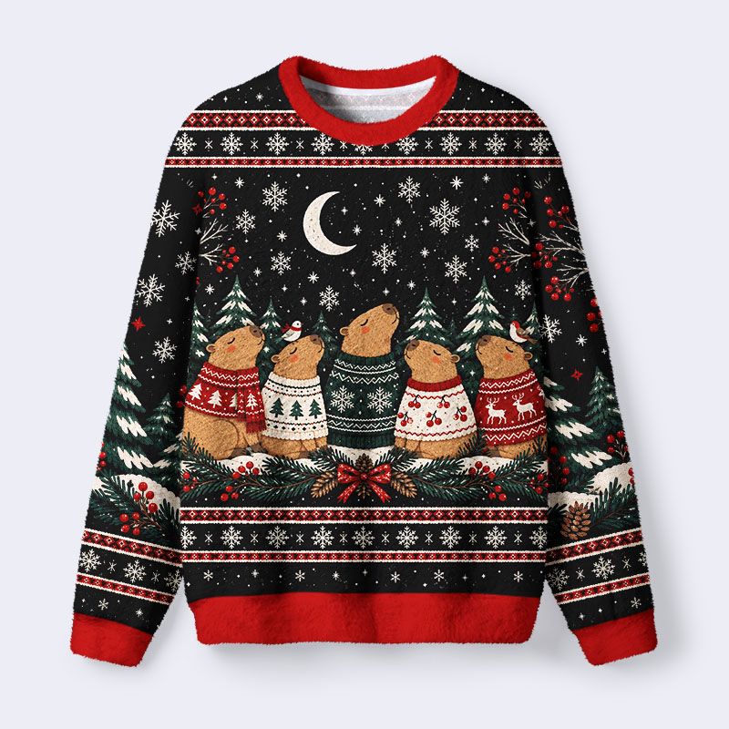 Kyoto-Lion Winter Capybara Crew Fuzzy Christmas Ugly Sweatshirt