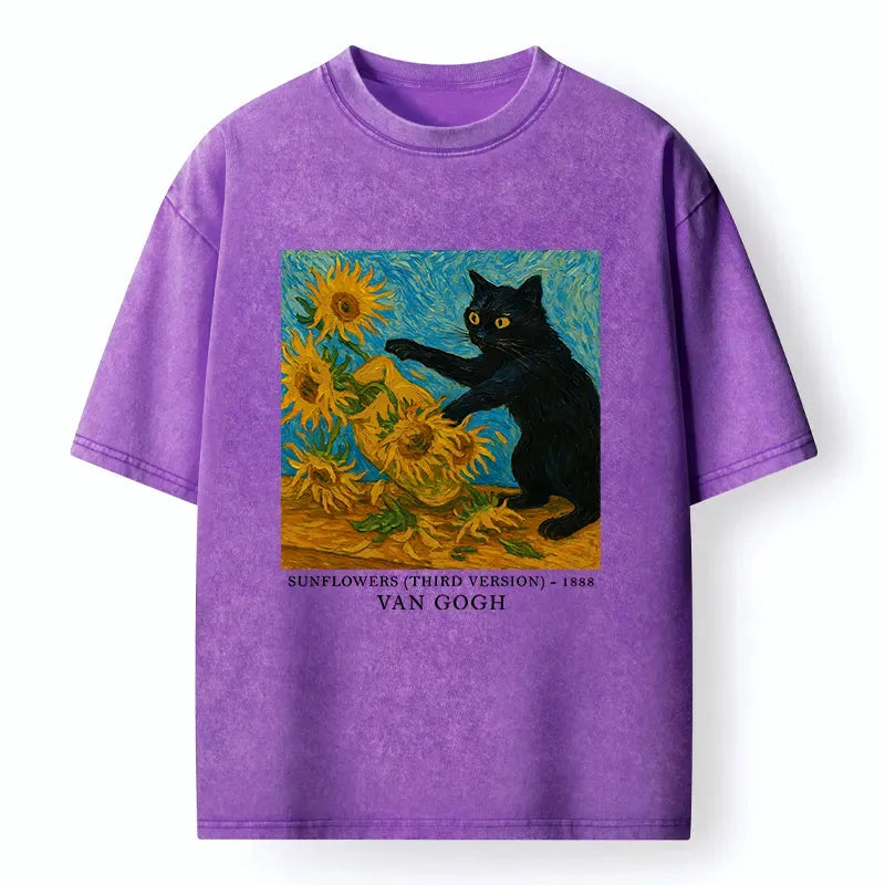 Kyoto-Lion Van Gogh's Black Cat Funny Washed T-Shirt