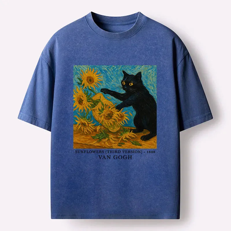 Kyoto-Lion Van Gogh's Black Cat Funny Washed T-Shirt