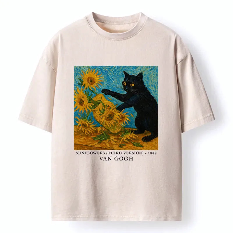 Kyoto-Lion Van Gogh's Black Cat Funny Washed T-Shirt