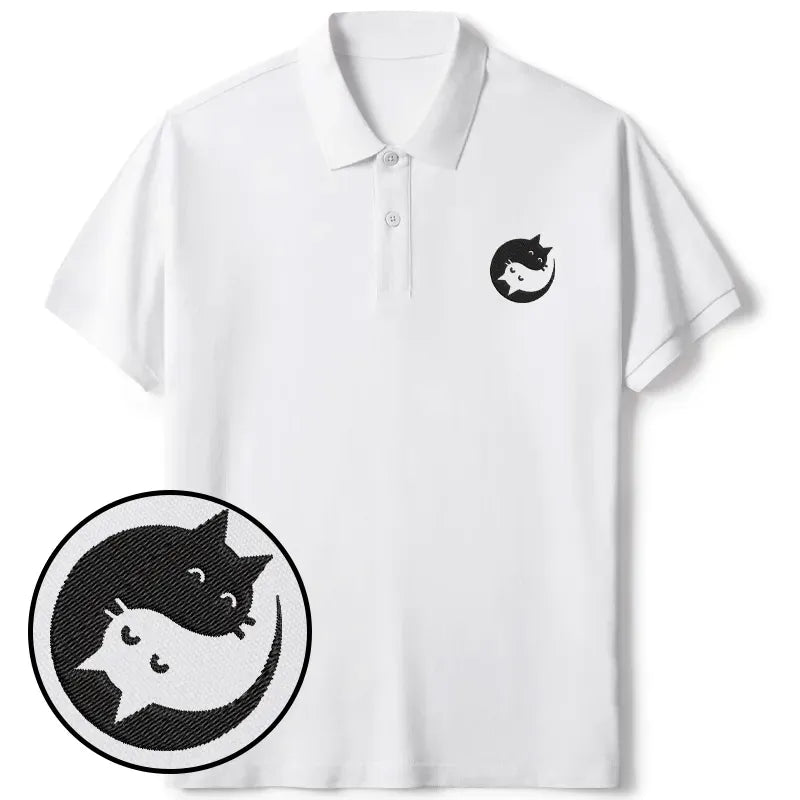 Kyoto-Lion Yin Yang Cat Embroidered Polo T-Shirt