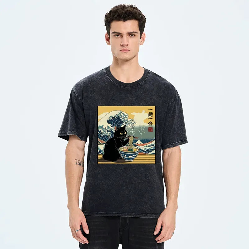 Washed Cat Ramen T-Shirt for Everyday