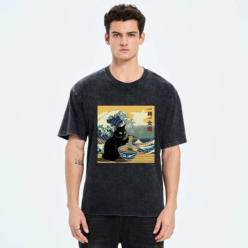 Washed Cat Ramen T-Shirt for Everyday