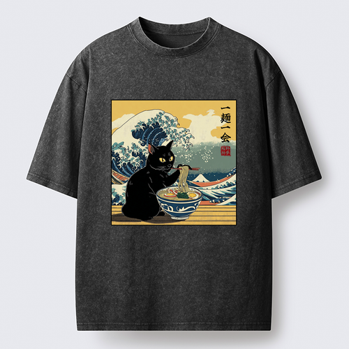 Washed Cat Ramen T-Shirt for Everyday