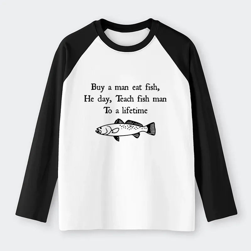 Kyoto-Lion Man Eat Fish Meme Raglan Long Sleeve T-shirt