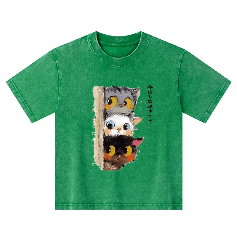 Washed Kids T-Shirt with Three Cats