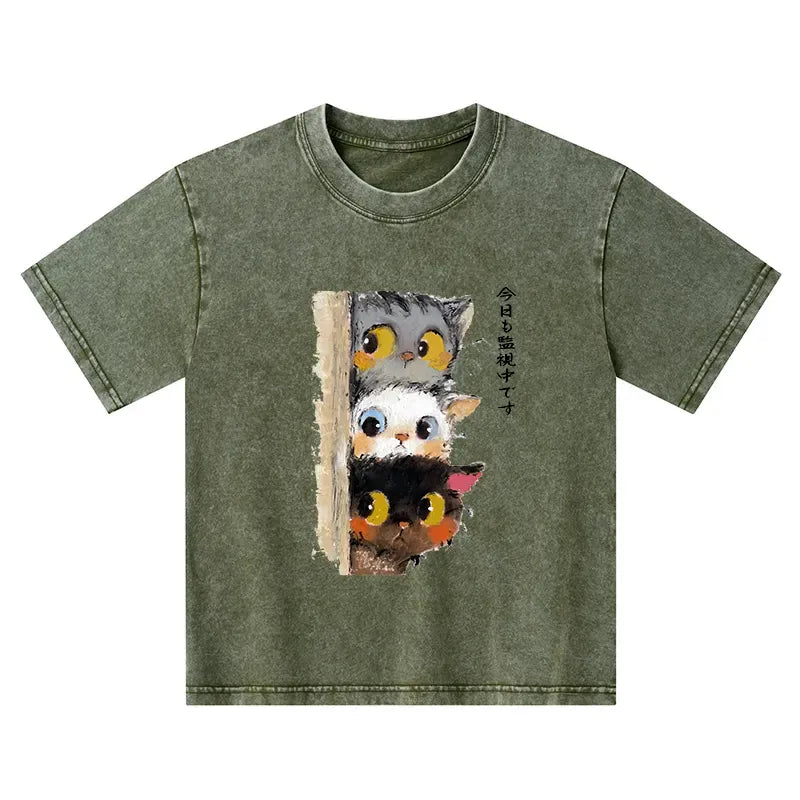 Washed Kids T-Shirt with Three Cats