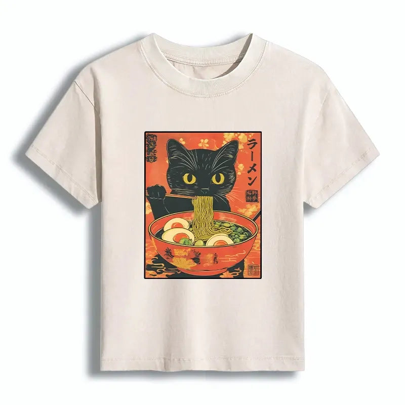 Kyoto-Lion Hungry Black Cat Loves Ramen Women's Washed T-shirt