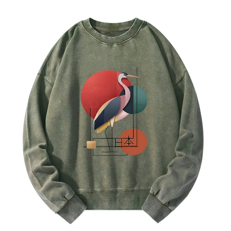Kyoto-Lion Geometric Crane Art Washed Sweatshirt