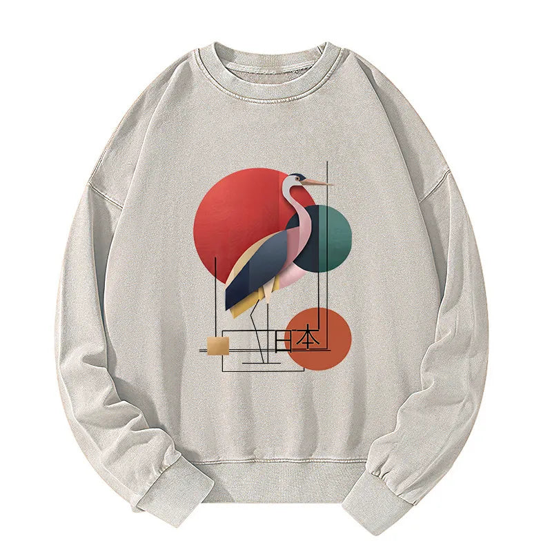 Kyoto-Lion Geometric Crane Art Washed Sweatshirt