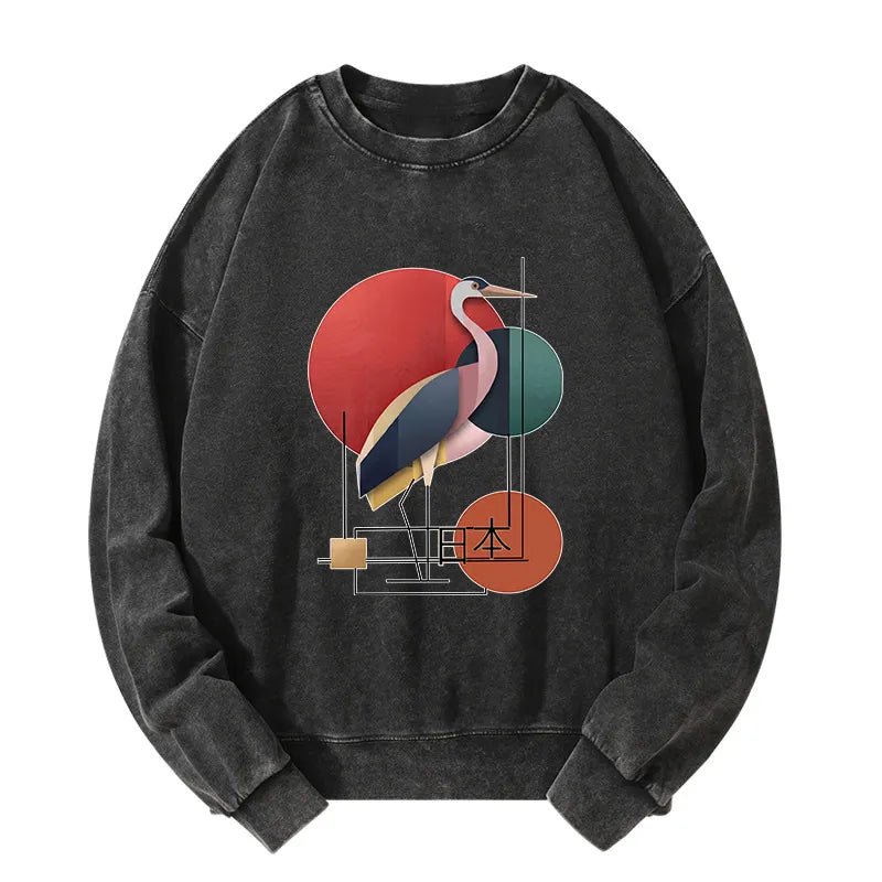 Kyoto-Lion Geometric Crane Art Washed Sweatshirt