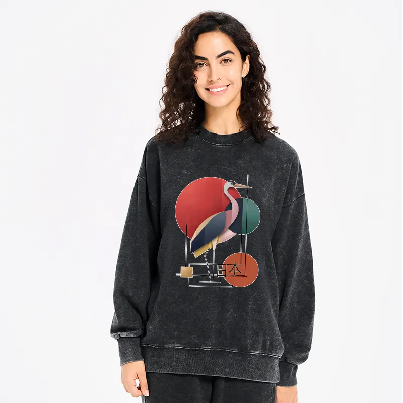 Kyoto-Lion Geometric Crane Art Washed Sweatshirt