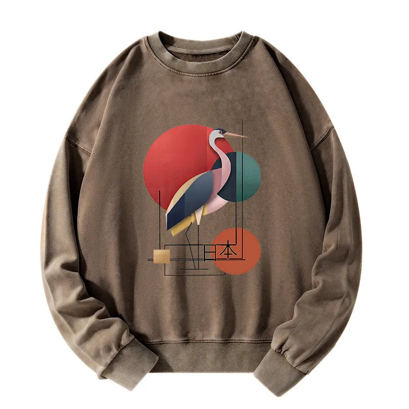 Kyoto-Lion Geometric Crane Art Washed Sweatshirt