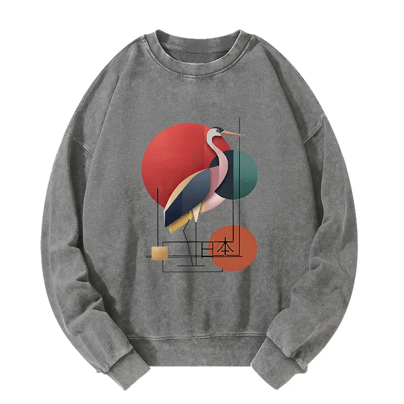 Kyoto-Lion Geometric Crane Art Washed Sweatshirt