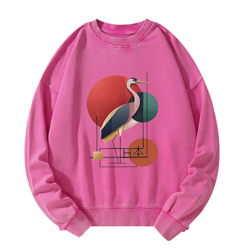 Kyoto-Lion Geometric Crane Art Washed Sweatshirt