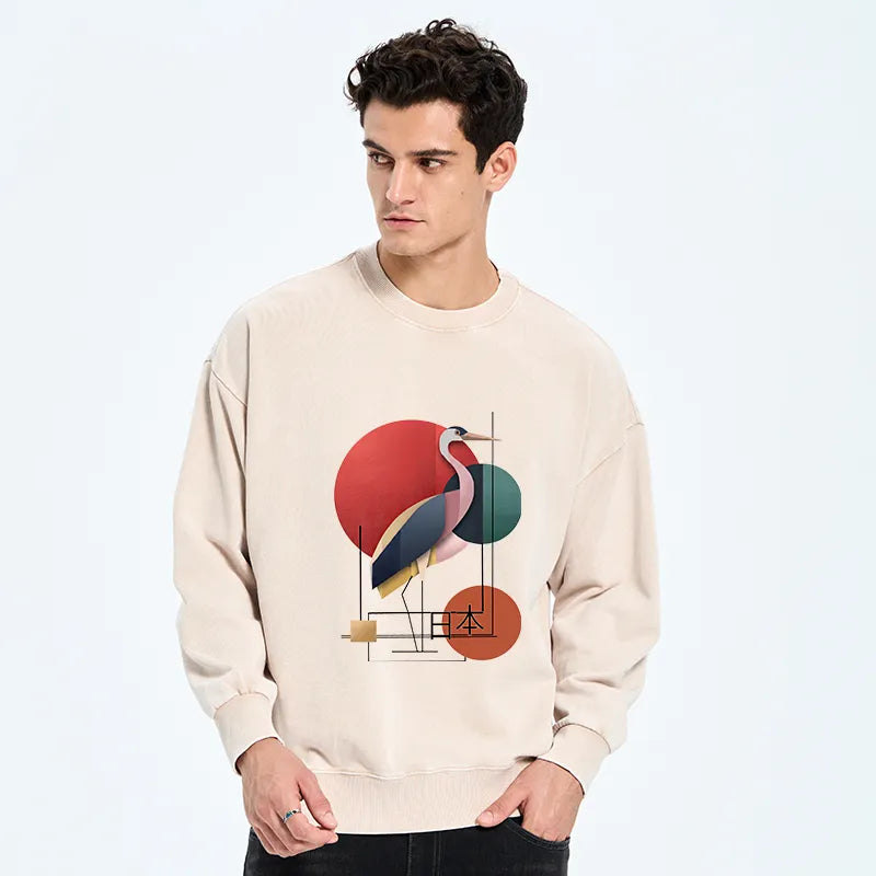 Kyoto-Lion Geometric Crane Art Washed Sweatshirt