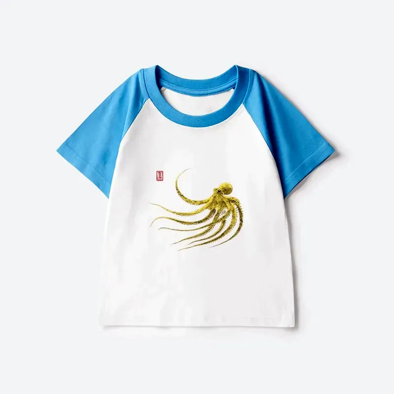 Kyoto-Lion Retro Octopus Japanese Kids Raglan T-shirt