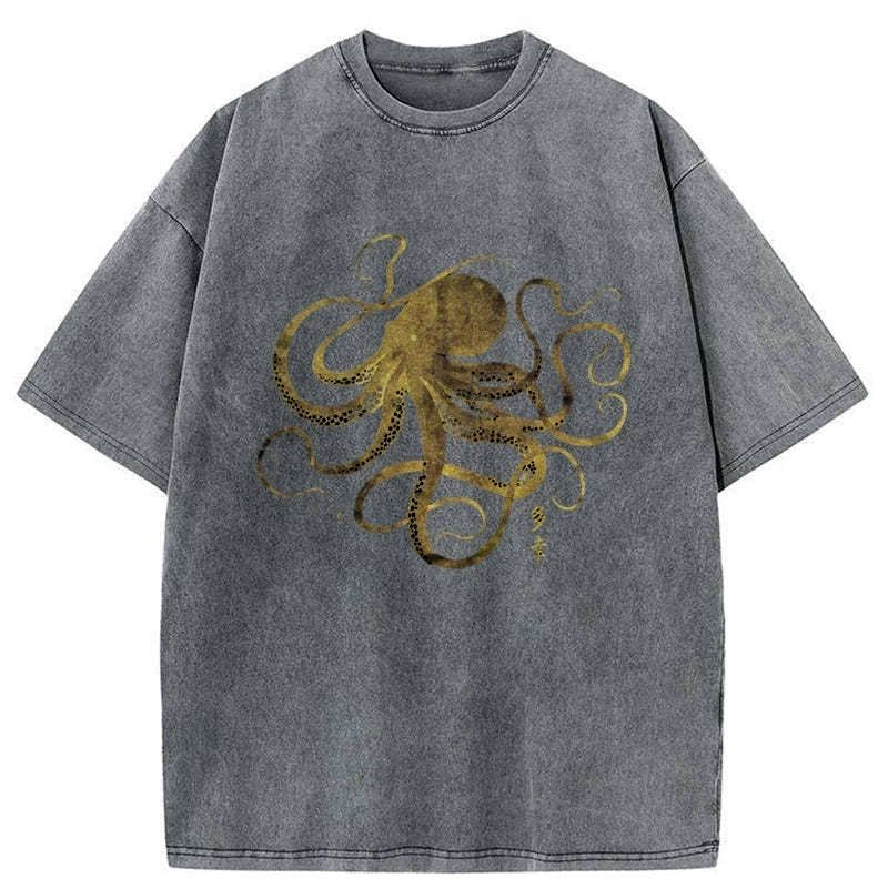 Kyoto-Lion Octopus Japanese Gold Print Tattoo Washed T-Shirt
