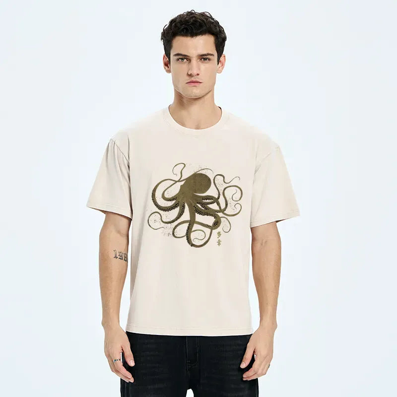 Kyoto-Lion Octopus Japanese Gold Print Tattoo Washed T-Shirt