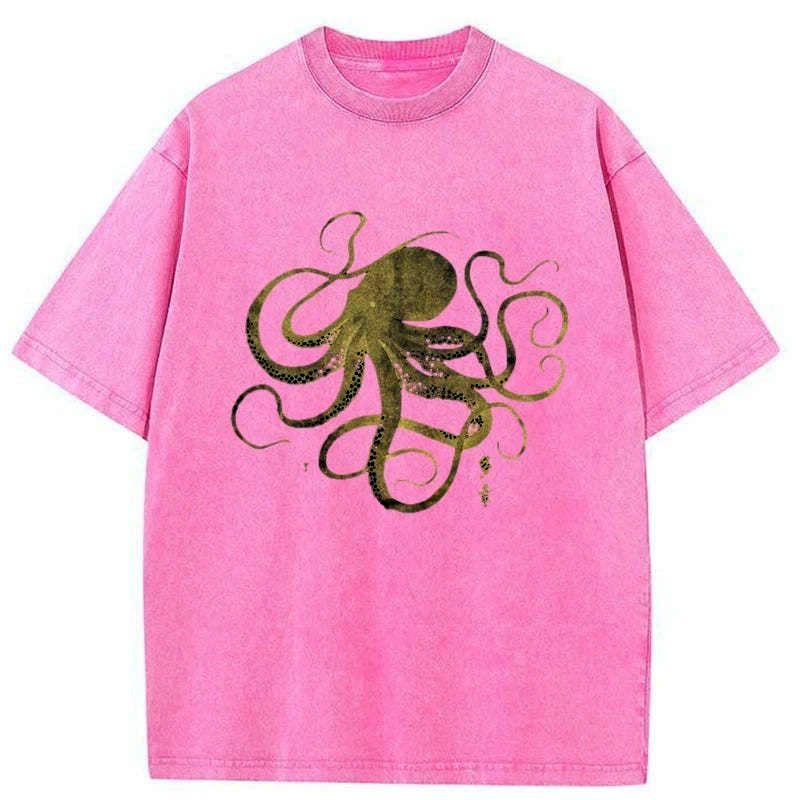 Kyoto-Lion Octopus Japanese Gold Print Tattoo Washed T-Shirt