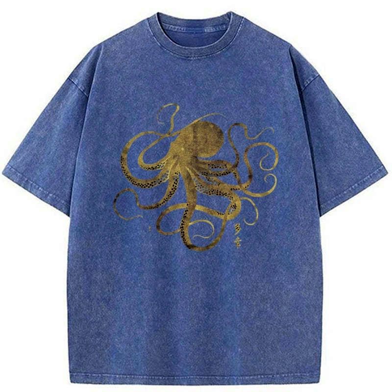 Kyoto-Lion Octopus Japanese Gold Print Tattoo Washed T-Shirt