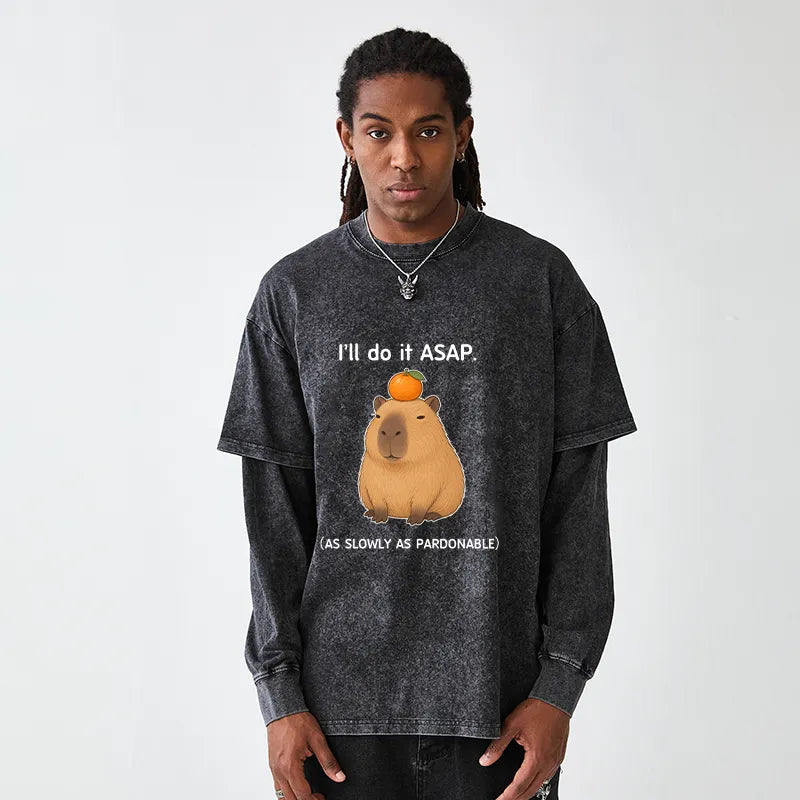 Kyoto-Lion Slow Task Capybara Meme Washed Double Layer T-Shirt