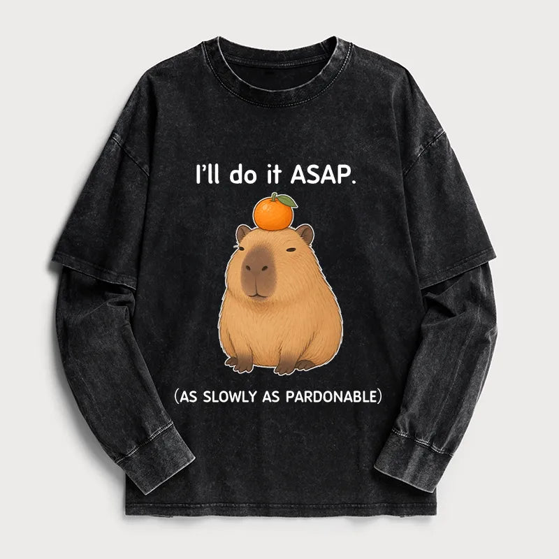 Kyoto-Lion Slow Task Capybara Meme Washed Double Layer T-Shirt