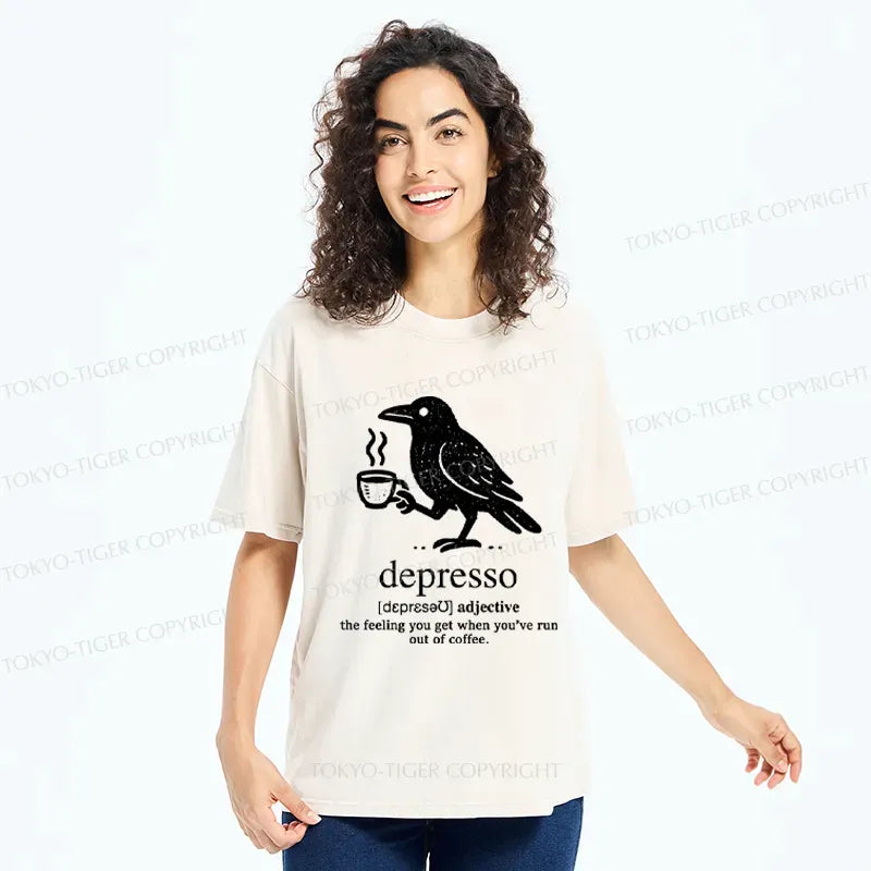 Kyoto-Lion Funny Crow Coffee Depresso Woodblock Washed T-Shirt