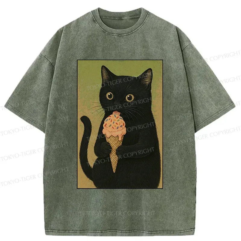Kyoto-Lion Kitten Rating Ice Cream Washed T-Shirt