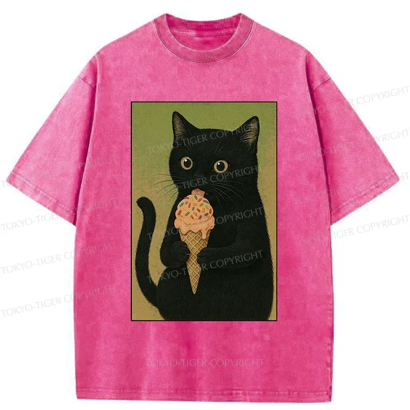 Kyoto-Lion Kitten Rating Ice Cream Washed T-Shirt