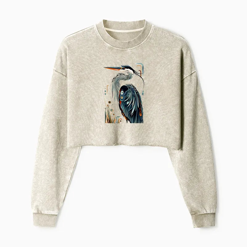 Kyoto-Lion Stylish Blue Heron Washed Crop Sweatshirt