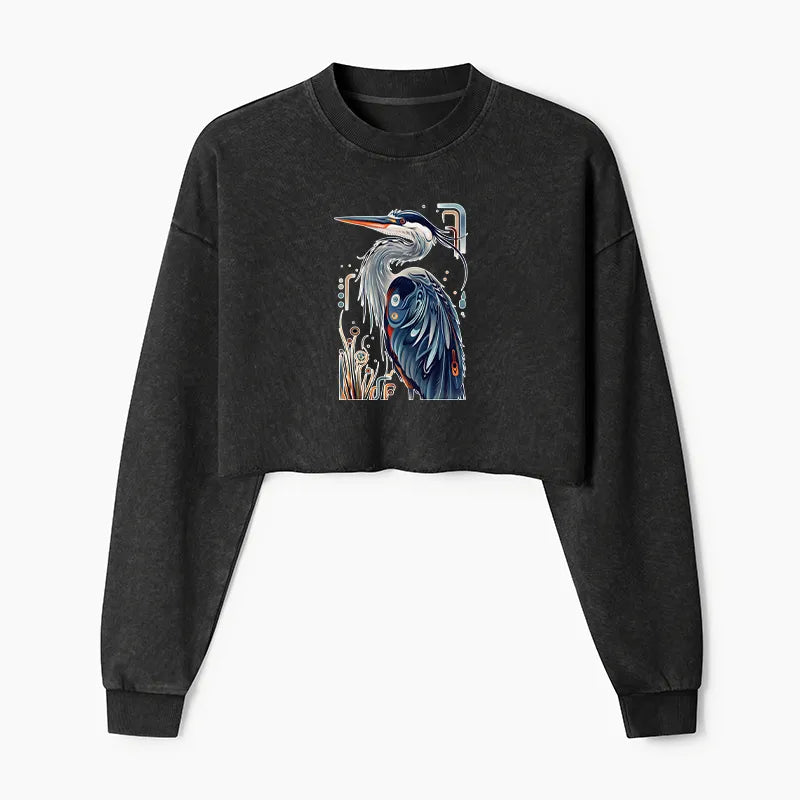 Kyoto-Lion Stylish Blue Heron Washed Crop Sweatshirt