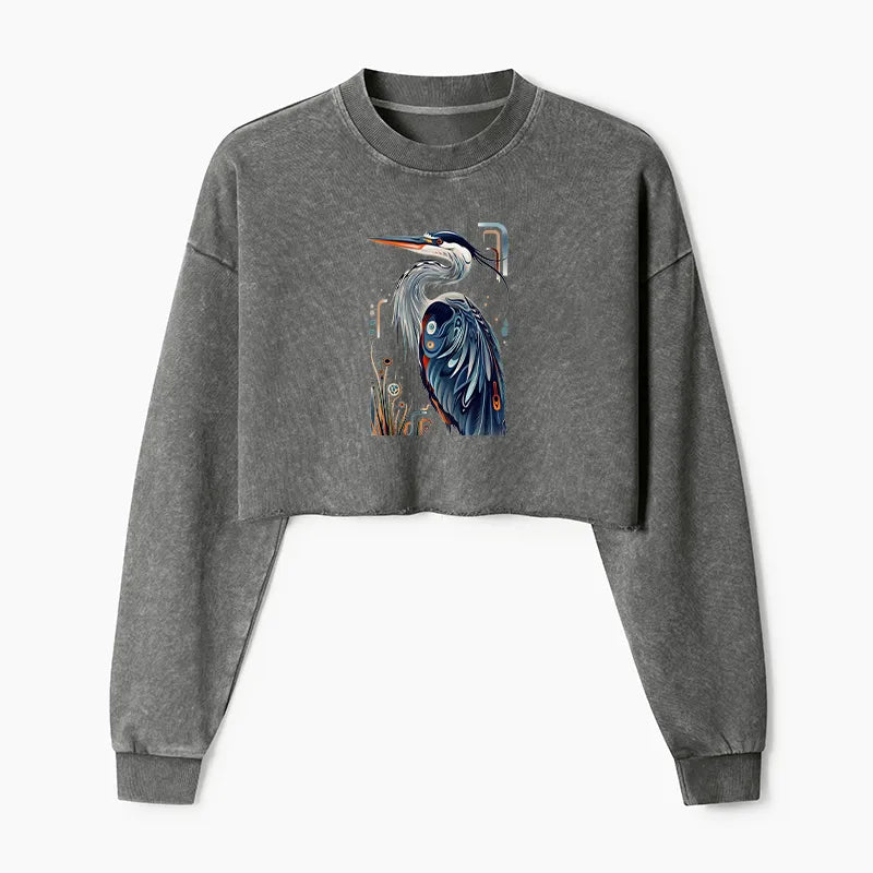 Kyoto-Lion Stylish Blue Heron Washed Crop Sweatshirt