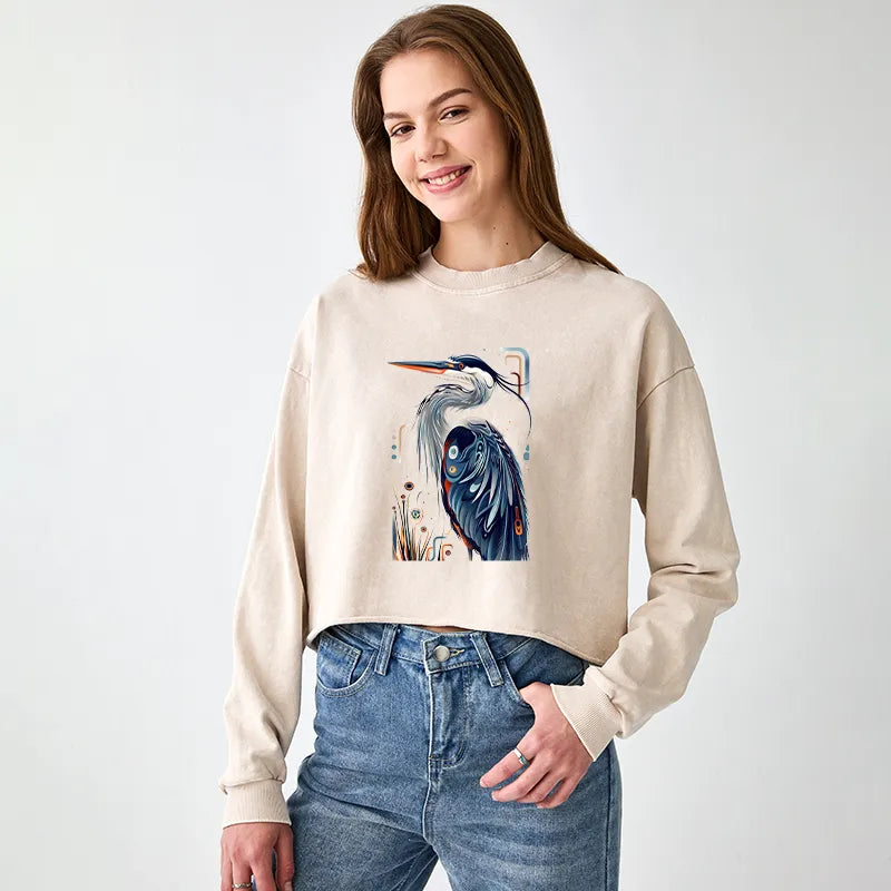 Kyoto-Lion Stylish Blue Heron Washed Crop Sweatshirt