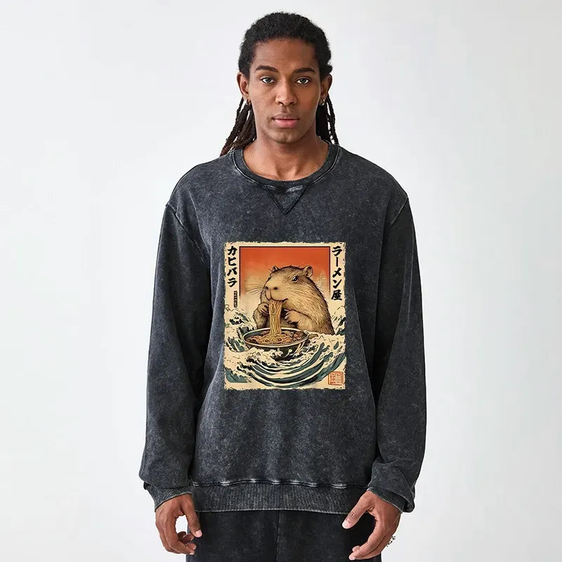 Kyoto-Lion Hamster Eating Ramen Washed Terry Sweatshirt