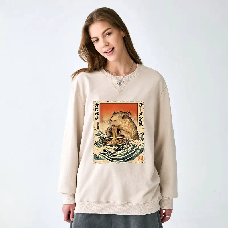 Kyoto-Lion Hamster Eating Ramen Washed Terry Sweatshirt
