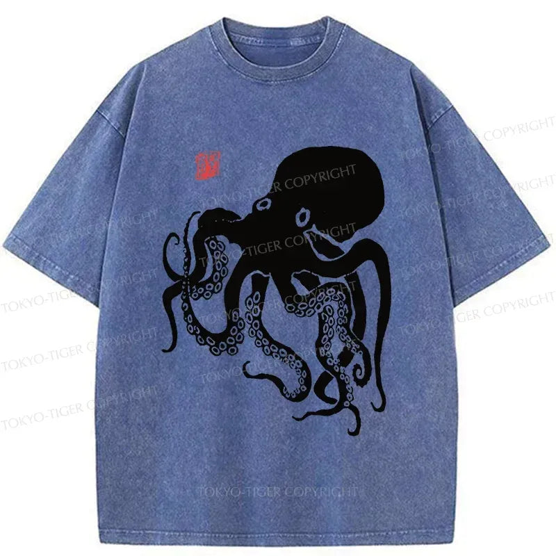 Kyoto-Lion Retro Japanese Octopu Washed T-Shirt