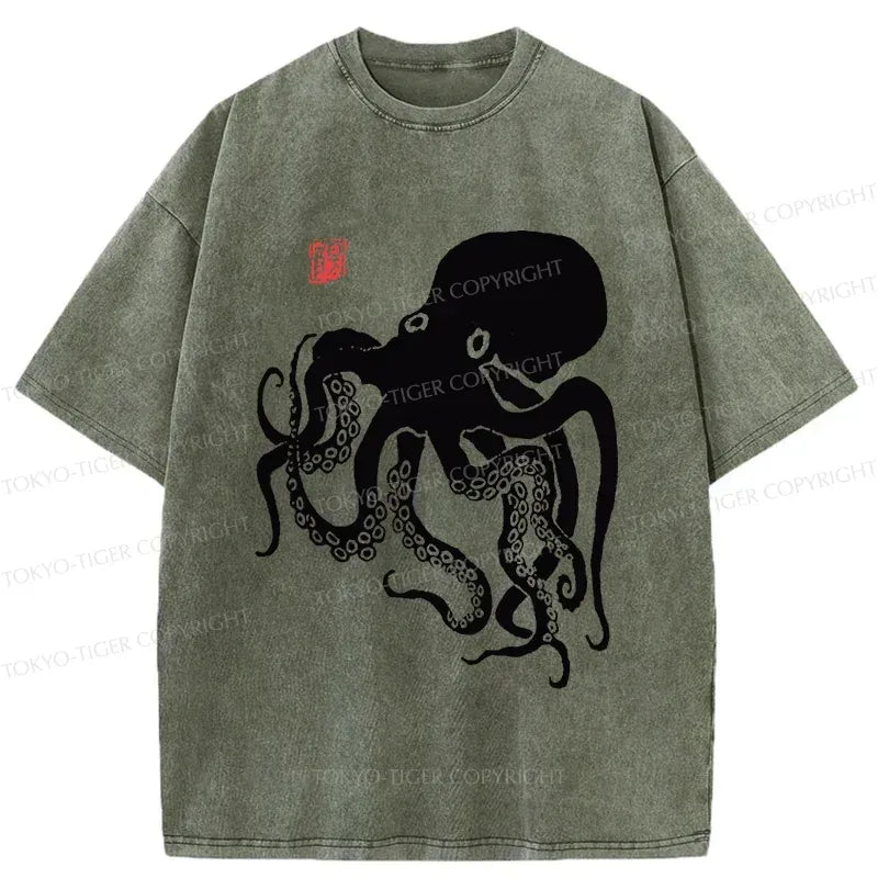 Japanese Octopus Washed T-Shirt for Daily Wear