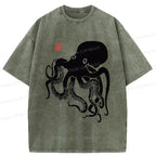 Japanese Octopus Washed T-Shirt for Daily Wear